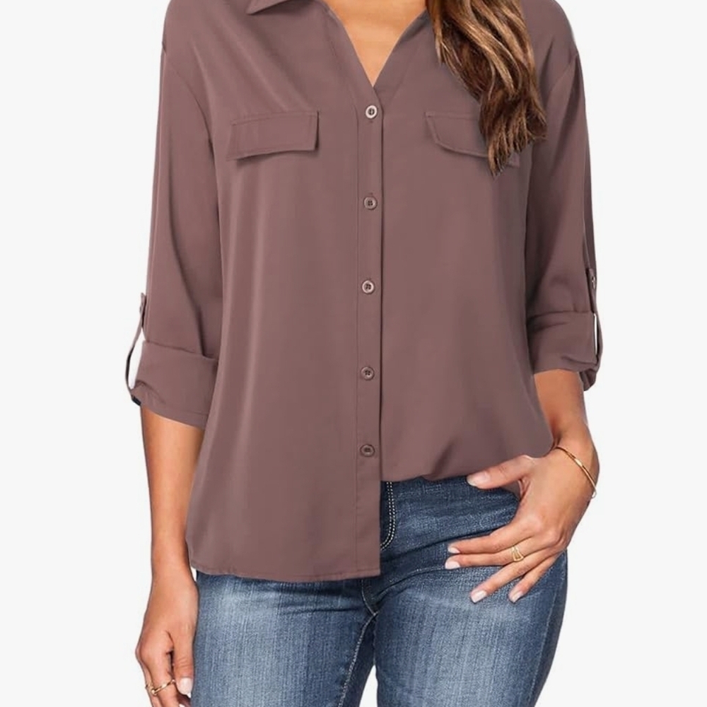 Women's Button-Down Blouse — Taupe — Size Large (NWT)